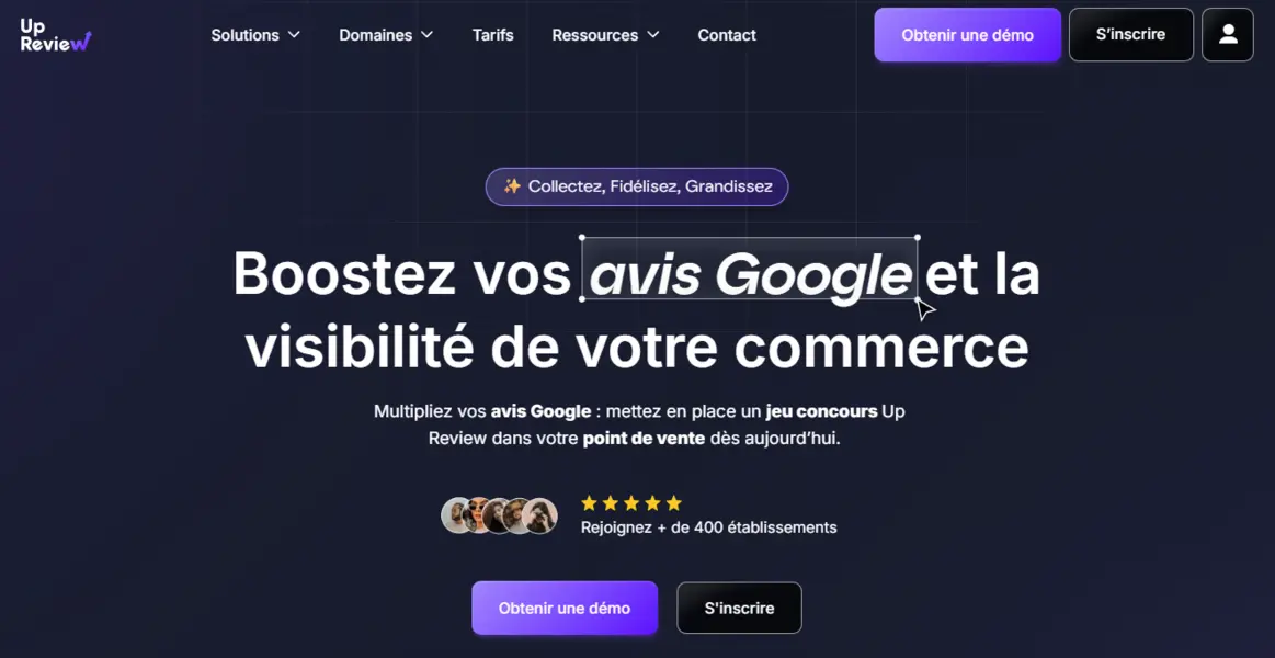 Roue cadeaux pour générer des avis Google Up Review page d’accueil